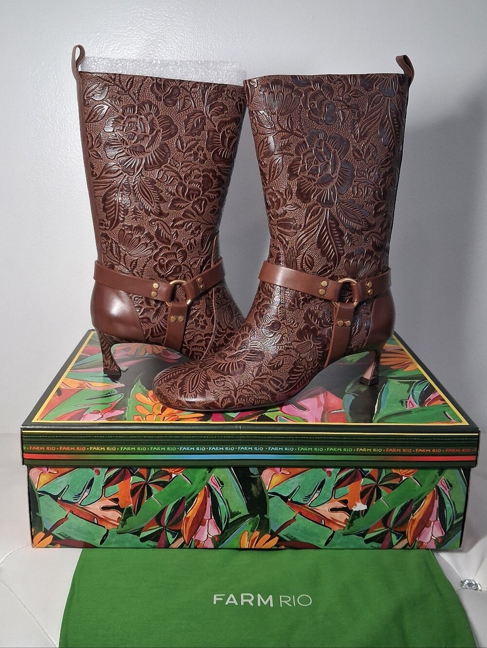 Farm Rio Brown Leather Harness Boots Size 9 Embossed Floral New